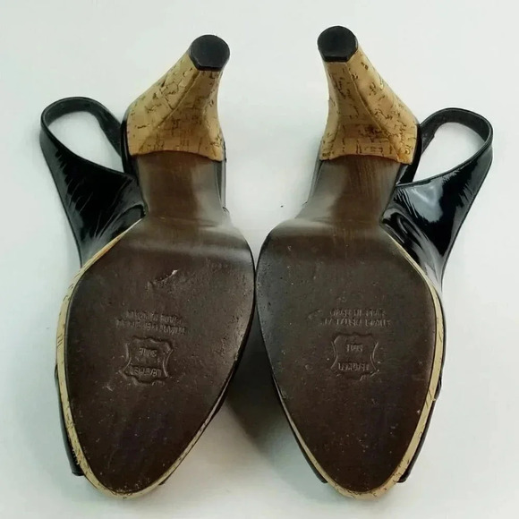 Stuart Weitzman 10M Exsling Peep Toe Slingback Cork Platform Heels Black Patent - Picture 12 of 12
